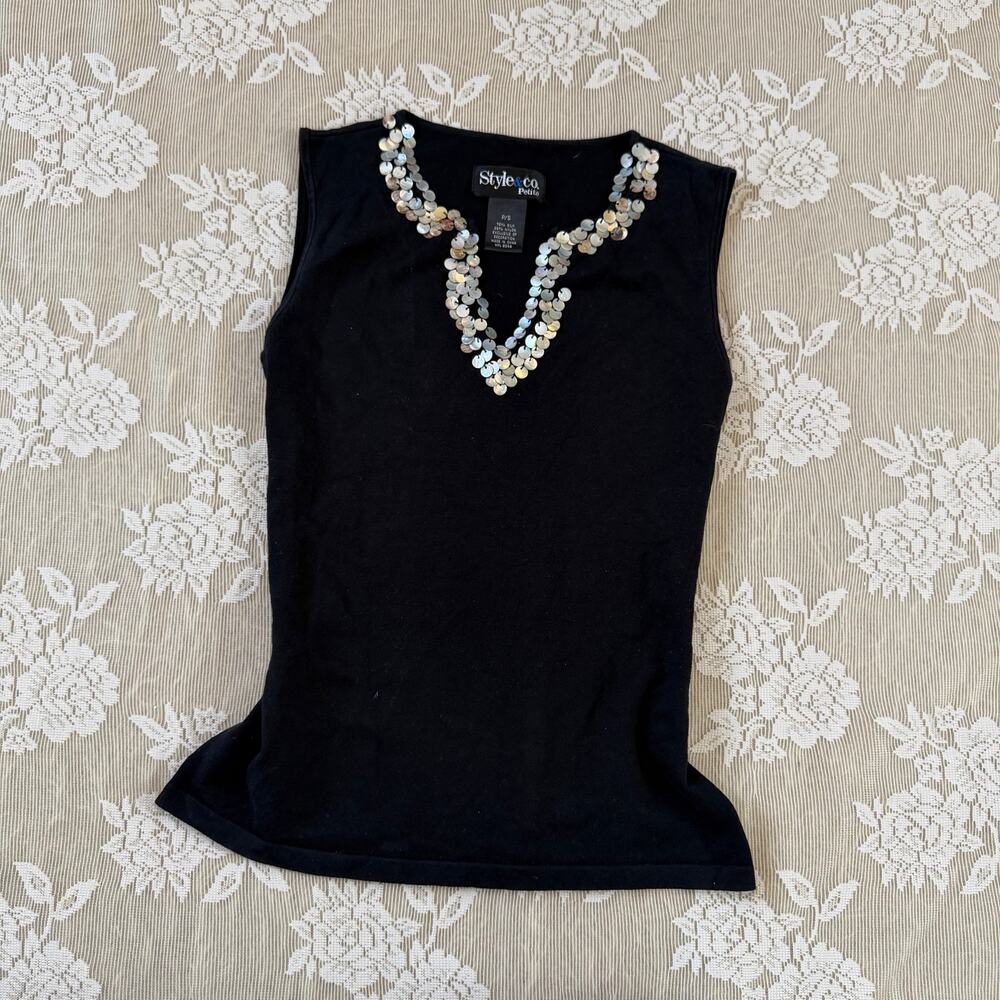 Style & Co Petite Black Silk Sequin Tank Top Size Small